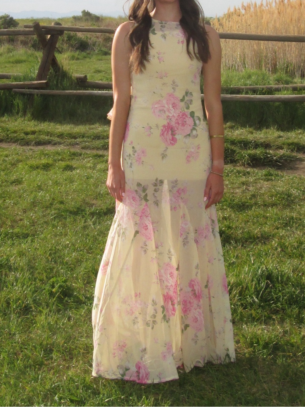 New Petal & Pup Pale Yellow Maxi Dress with Pink Floral Print